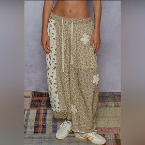 287 - POL Beige Crochet Patch Detail Contrast Patchwork Printed Woven Pants